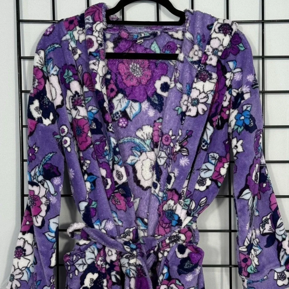 Vera Bradley Enchanted Garden Cozy Robe Womens S/M Purple Floral Hooded Travel